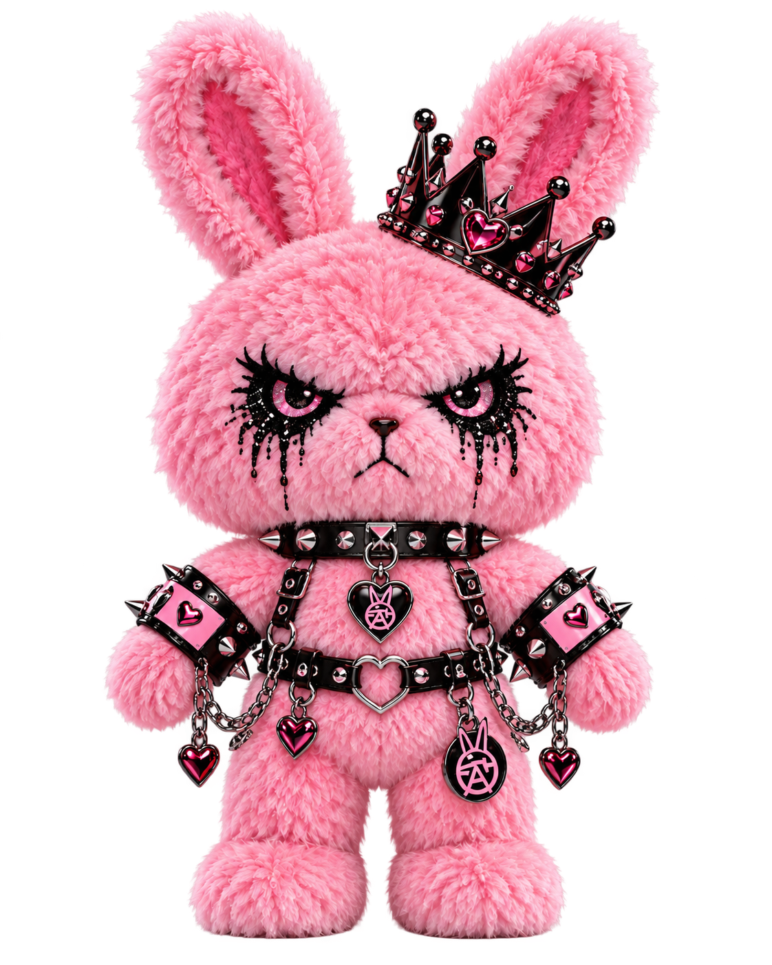 Daddy B, a crowned pink plush bunny with black heart hardware