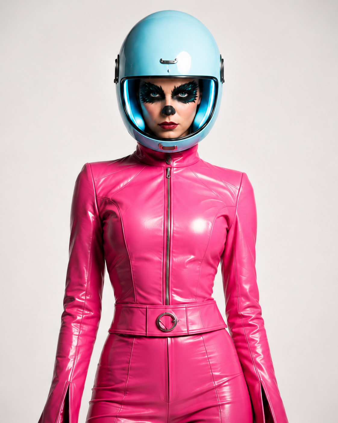 Clarapetra in a powder-cyan helmet and lacquer-pink flight suit for Pretty Machine