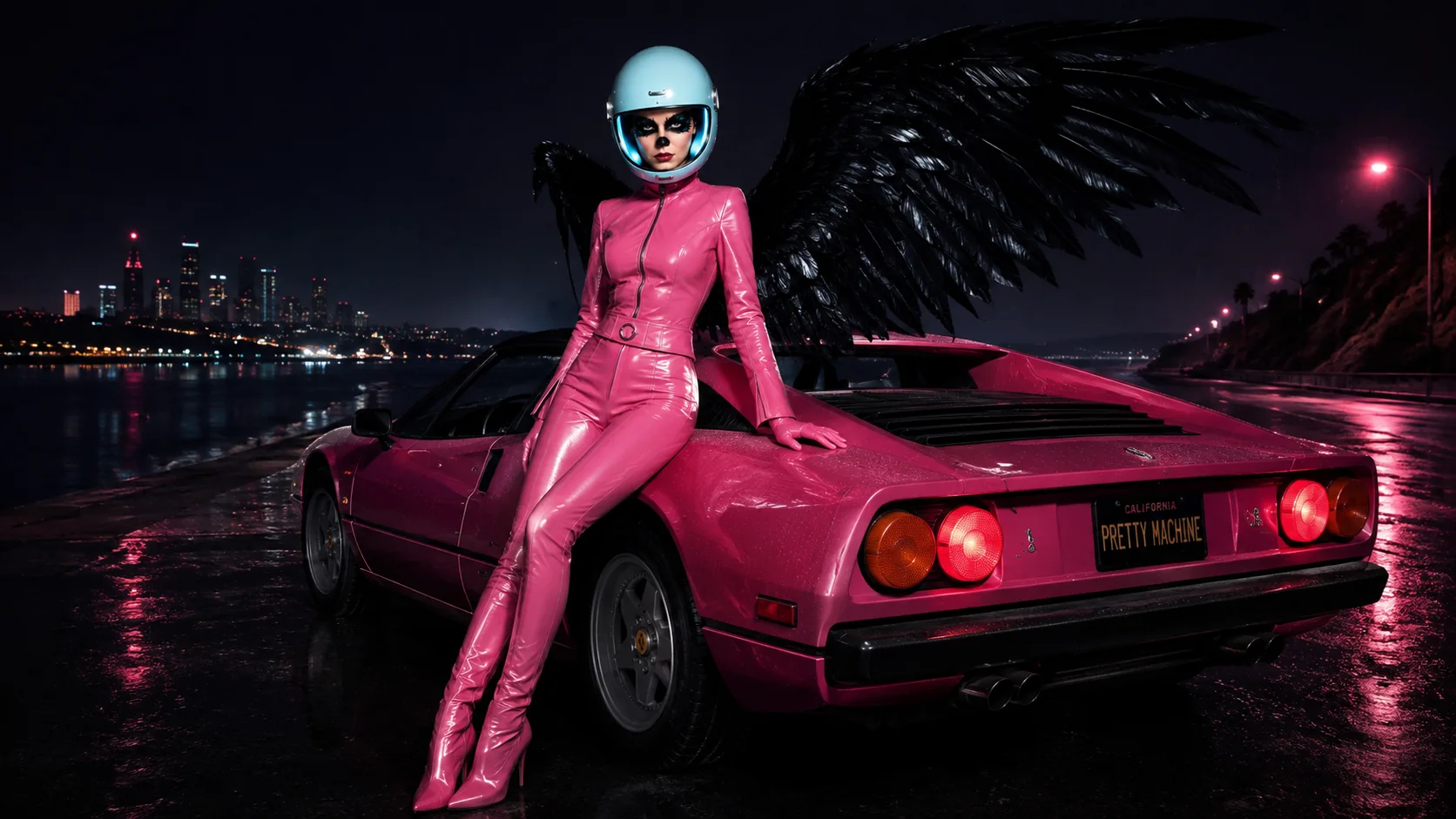 Clarapetra in the Pretty Machine era with a cyan helmet, pink flight suit, black wings, and a neon sports car