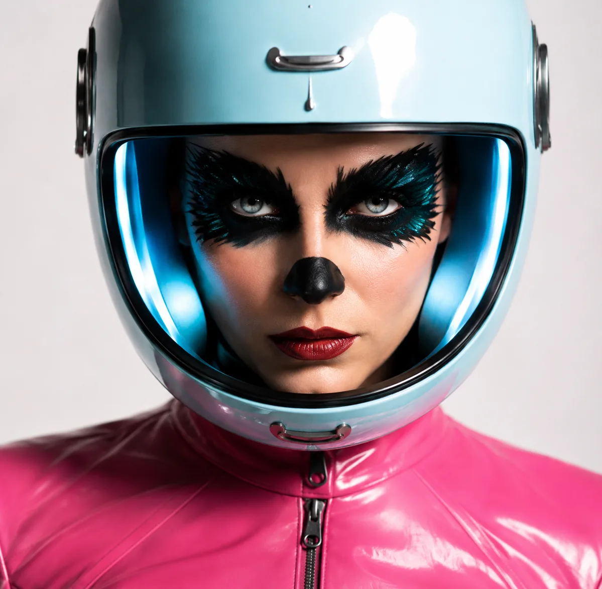 Clarapetra wearing a powder-cyan helmet and lacquer-pink suit